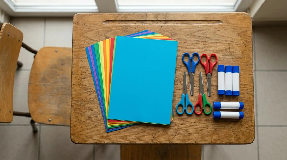 Stapel farbigen Papiers auf einem Klassentisch neben Scheren und Klebestiften