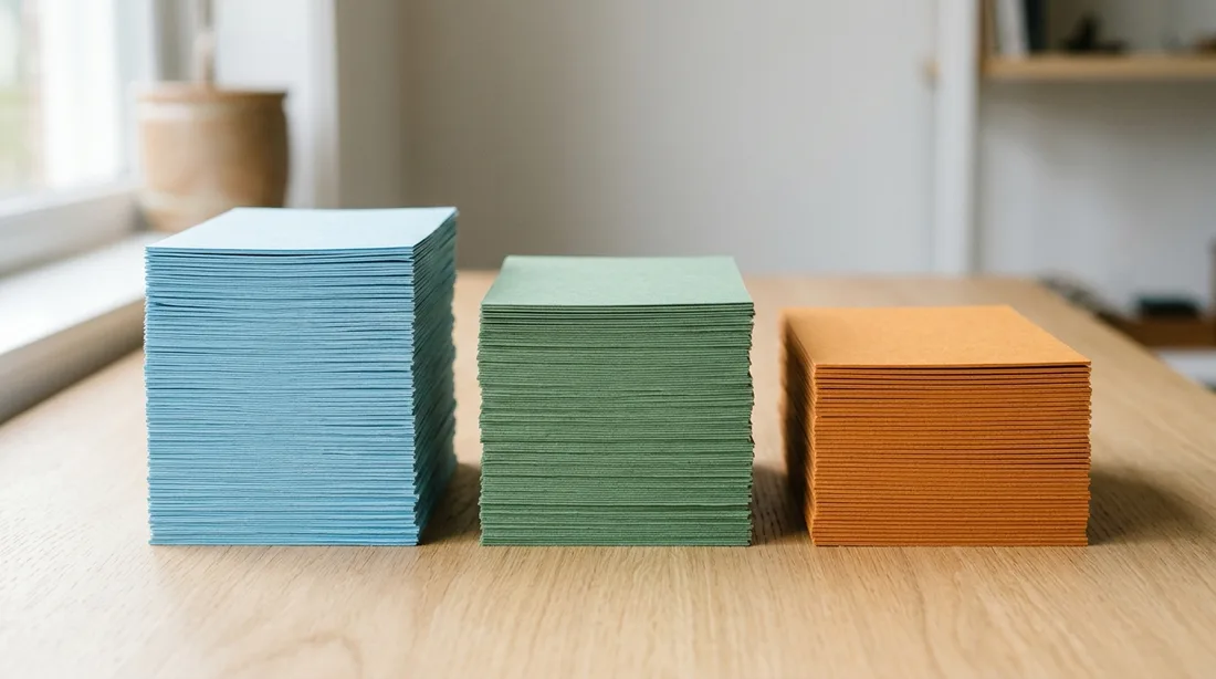 Drei Stapel farbigen Papiers unterschiedlicher Stärke nebeneinander